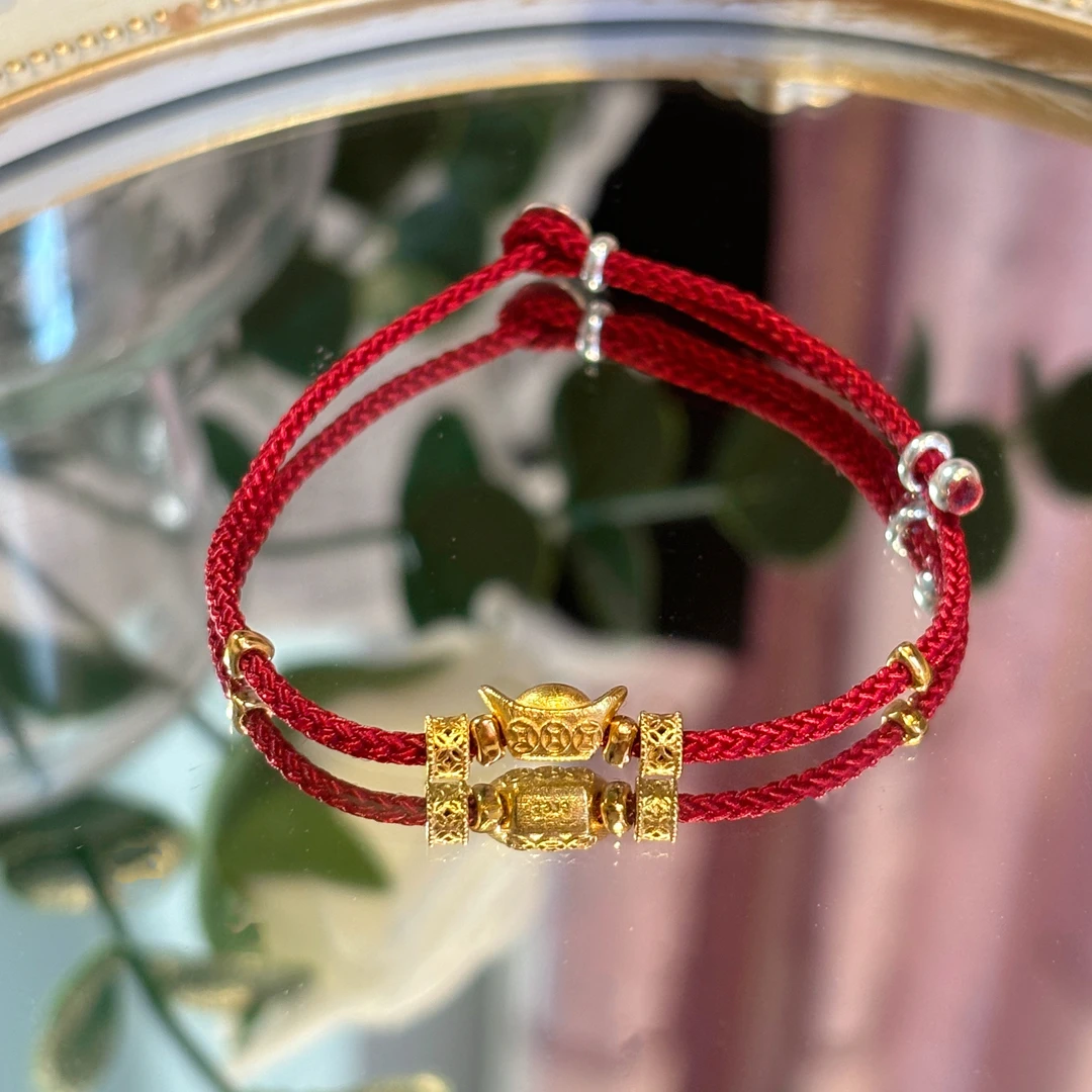 含辰砂工艺品《岁岁有金》小财宝好寓意纯银酒红绳手链精致款礼物