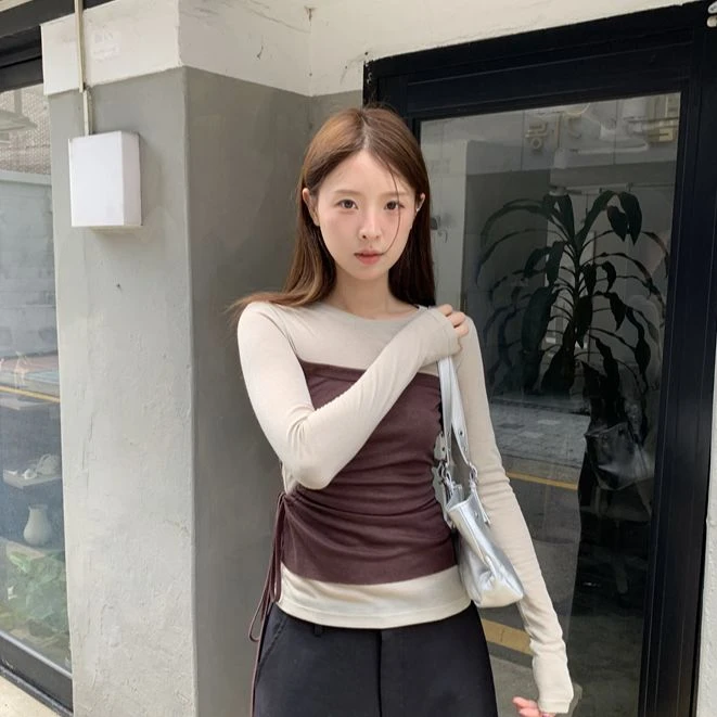 QYao Girls简约基础早秋通勤百搭假两件抽绳显瘦打底衫长袖上衣