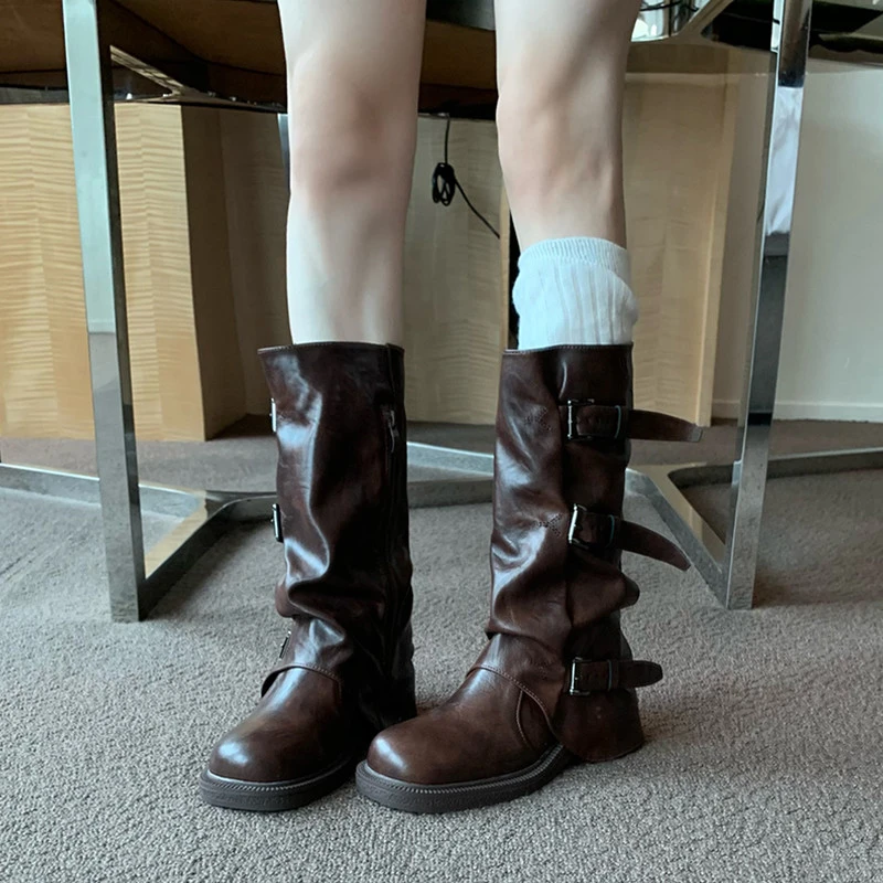 牛皮版！深棕色西部牛仔靴美拉德复古圆头皮带扣粗跟小个子中筒靴