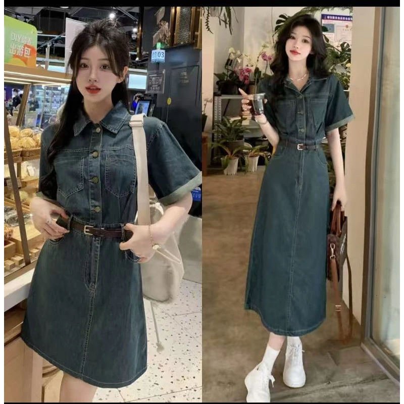 夏季新款休闲气质短袖牛仔连衣裙女收腰高级感复古chic小个子长裙