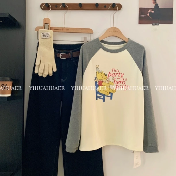 B-2111韩国原单【维尼开餐】东大门韩系慵懒磨毛插肩袖卡通印花T恤