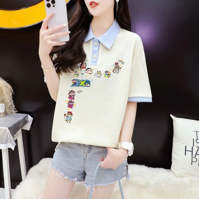 2025新款夏季设计印花洋气蜡笔小新小个子修身显瘦翻领女上衣ins