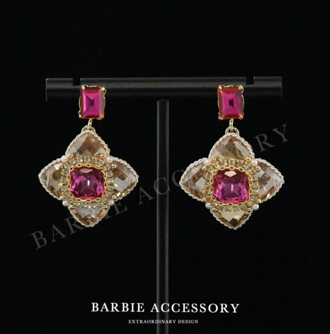 铜合金合成锆石耳饰 【玫红星镜】法式既视设计款高级感绝美耳环