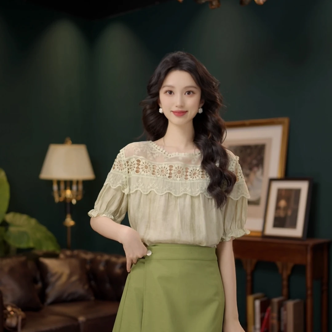 琦琦【落花苔】温柔衬衣休闲百搭短袖衬衫女夏季上衣YE0706371