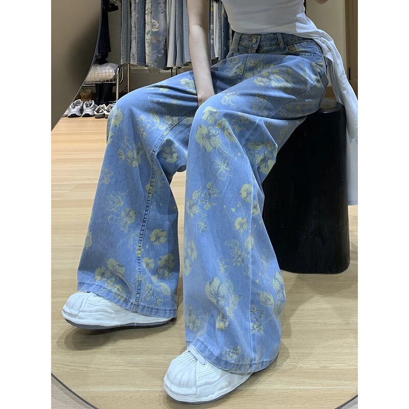 大码复古花朵印花直筒牛仔裤女夏季2025新款设计感百搭高腰阔腿裤