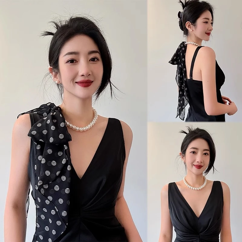 长条丝巾珍珠项链女时尚领巾锁骨链百搭雪纺波点衬衫护颈丝带装饰