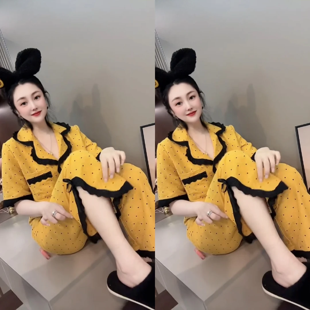 时尚甜美爆款女款2025波点减龄透气蕾丝拼接家居服睡衣短袖两件套