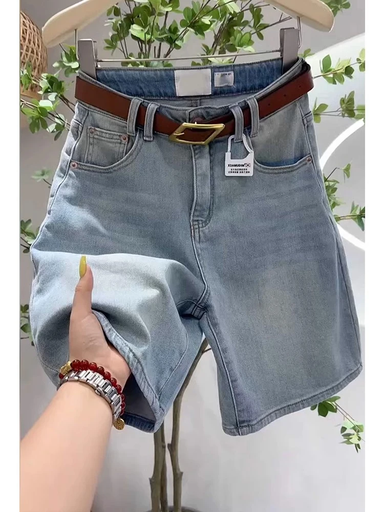 牛仔短裤女夏季宽松薄款弹力显瘦梨形身材大码高腰休闲五分中裤