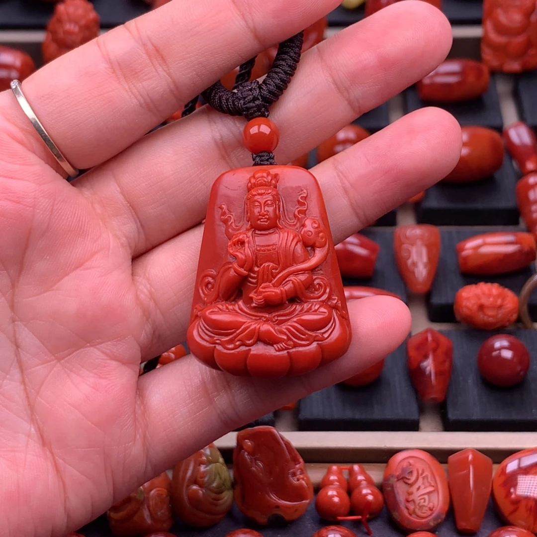 南红玛瑙未镶嵌保山辣椒红大势至菩萨吊坠30mm