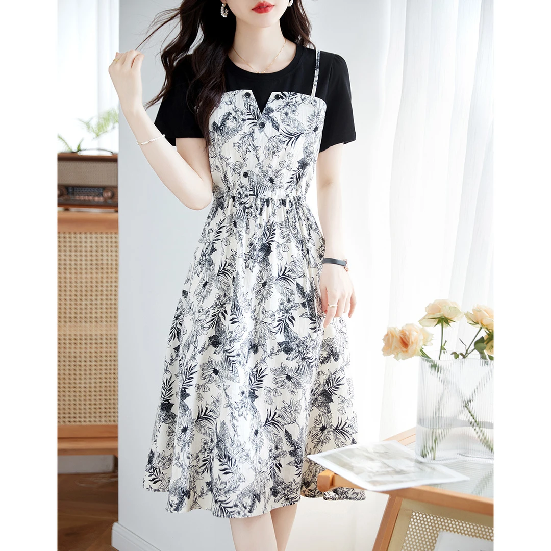 557 花色吊带拼接T恤裙夏季新品气质收腰撞色中长连衣裙女