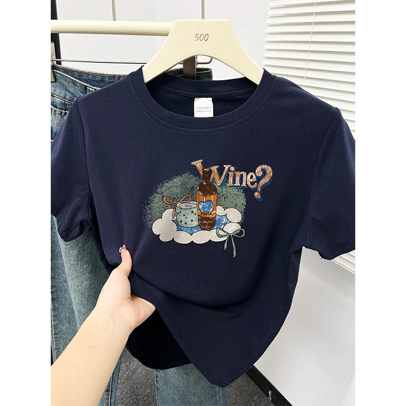 藏蓝色短袖女款爆款2025新款韩版洋气衣服女正肩设计感圆领上衣服