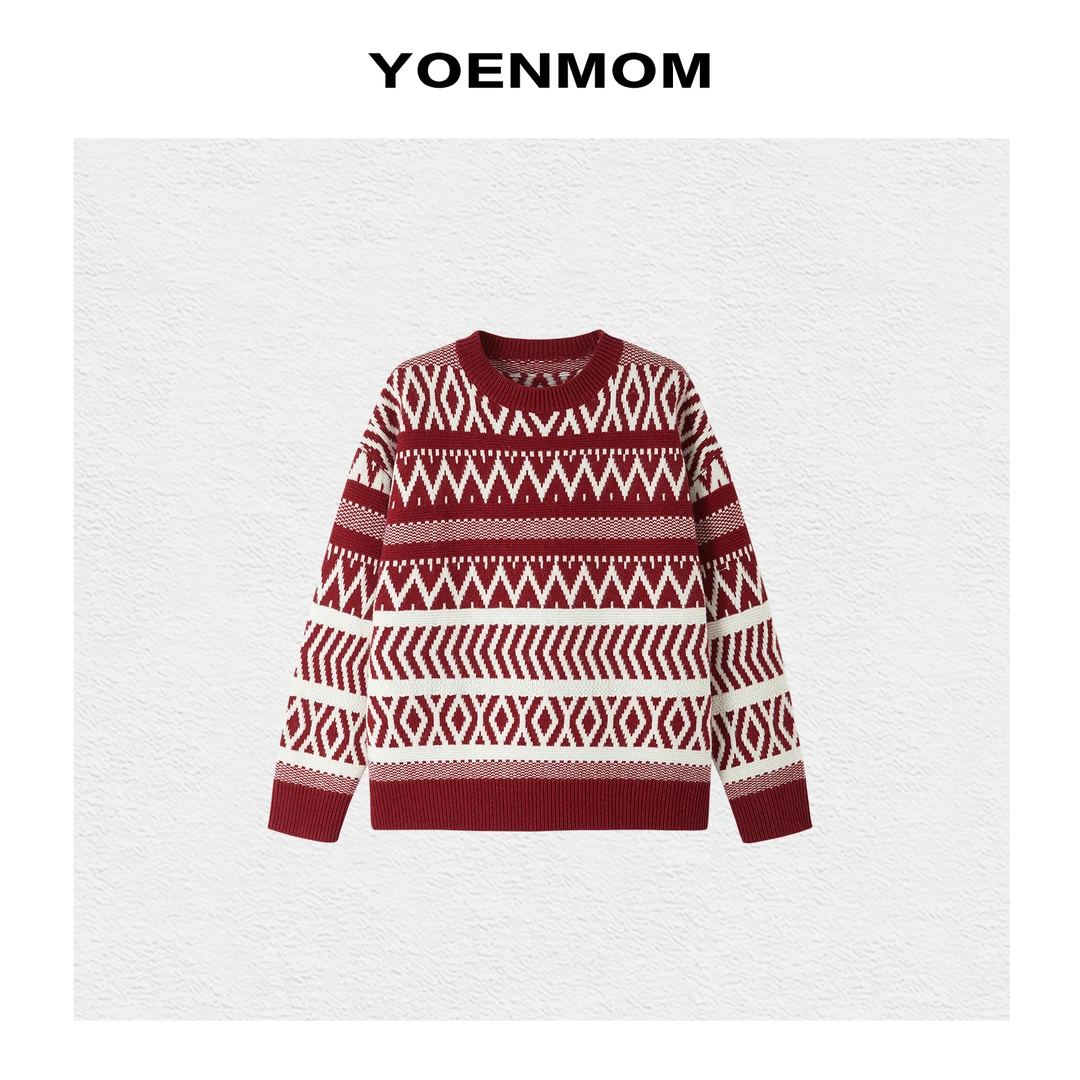 YOENMOM·氛围红·冬季新品 羊绒羊毛复古撞色几何提花慵懒针织衫