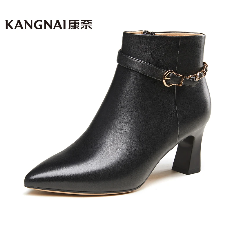 康奈尖头走路不累的高跟鞋系列短靴