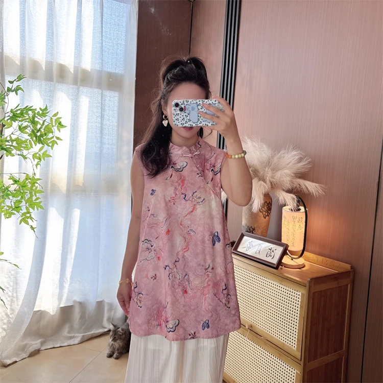 【蝶衣】中式气质时尚显瘦立领无袖手工盘扣中长款上衣奥黛