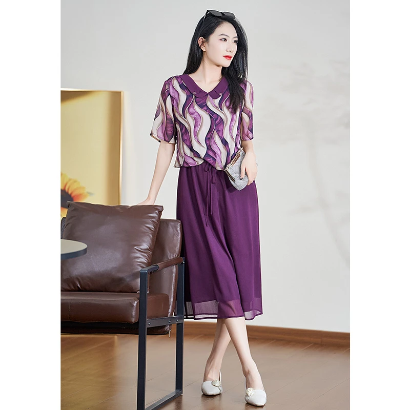 迪欧芙2025年春夏季气质洋气紫色浪漫印花中长款连衣裙#XLQ18021