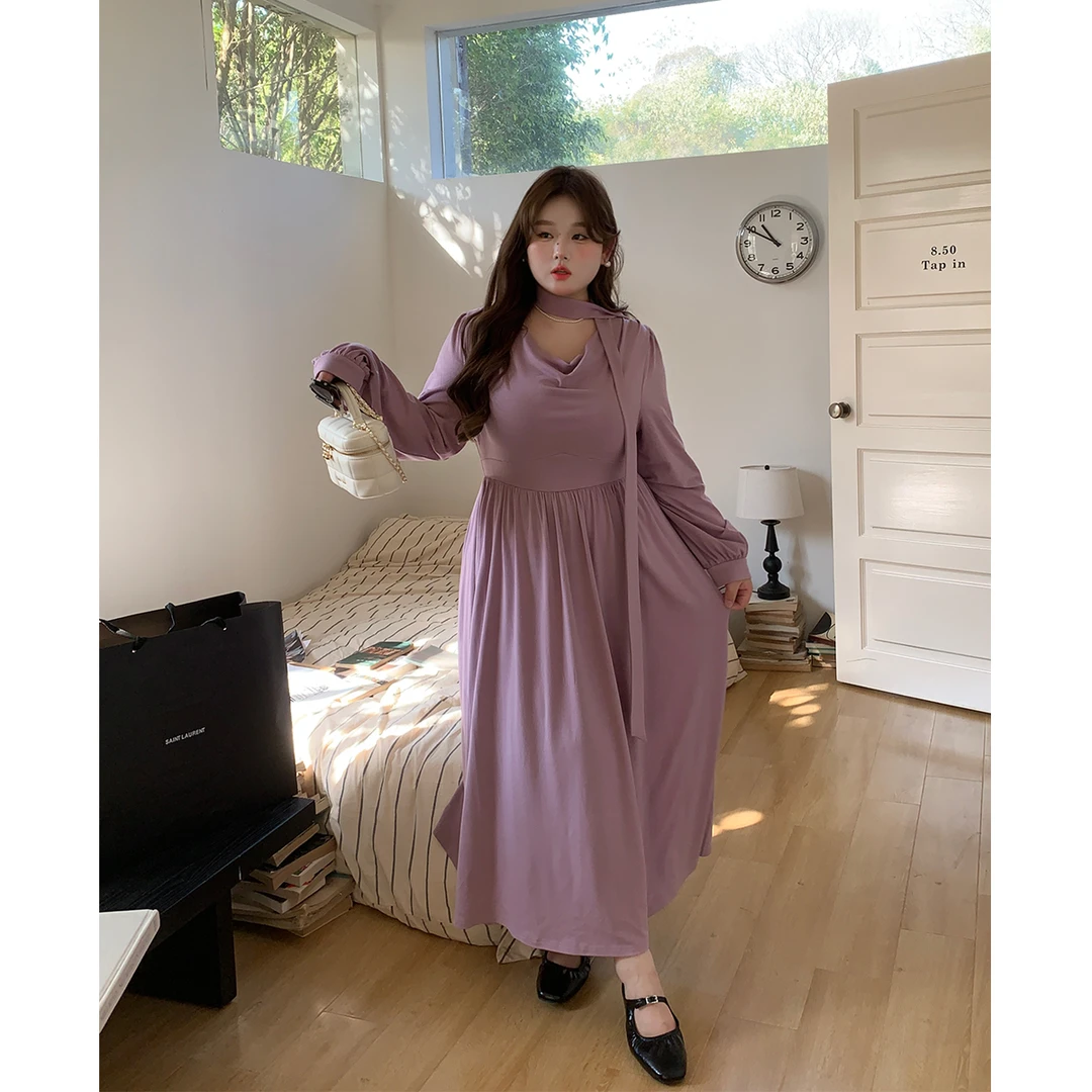 徐达布【紫罗兰】大码紫色荡领连衣裙女高级感宽松长裙L29493C51
