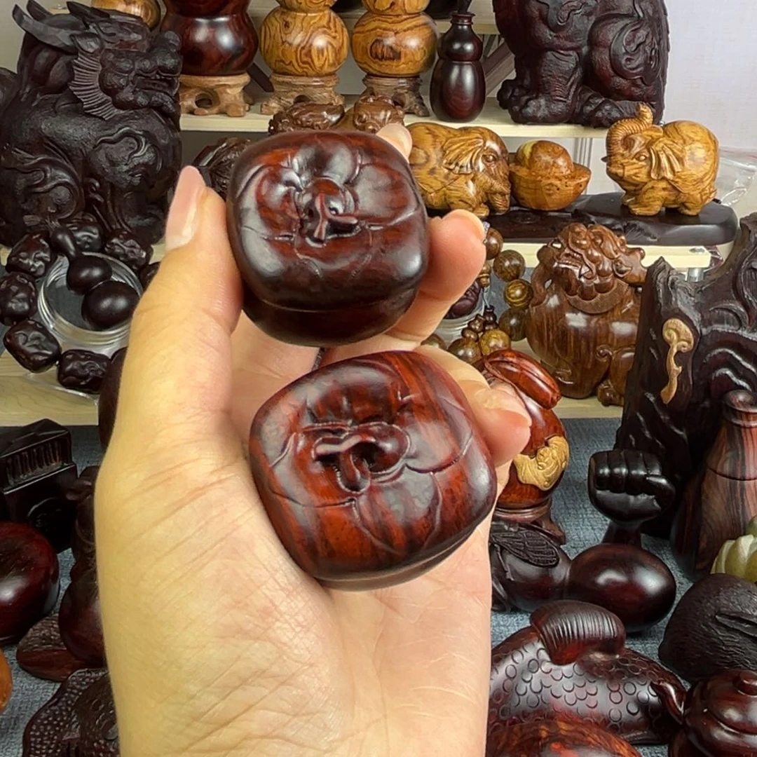 香榧木断光紫檀柿子手把件一对