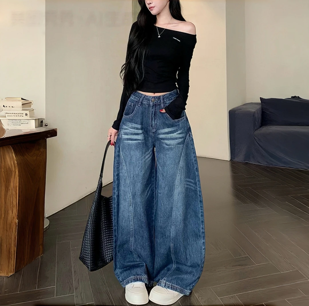 美式复古水洗弯刀牛仔裤设计春秋季新款镰刀裤宽松显瘦直筒拖地裤