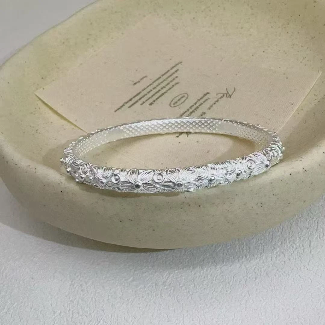 足银手镯 999.9新中式浮雕桃花闭口手镯