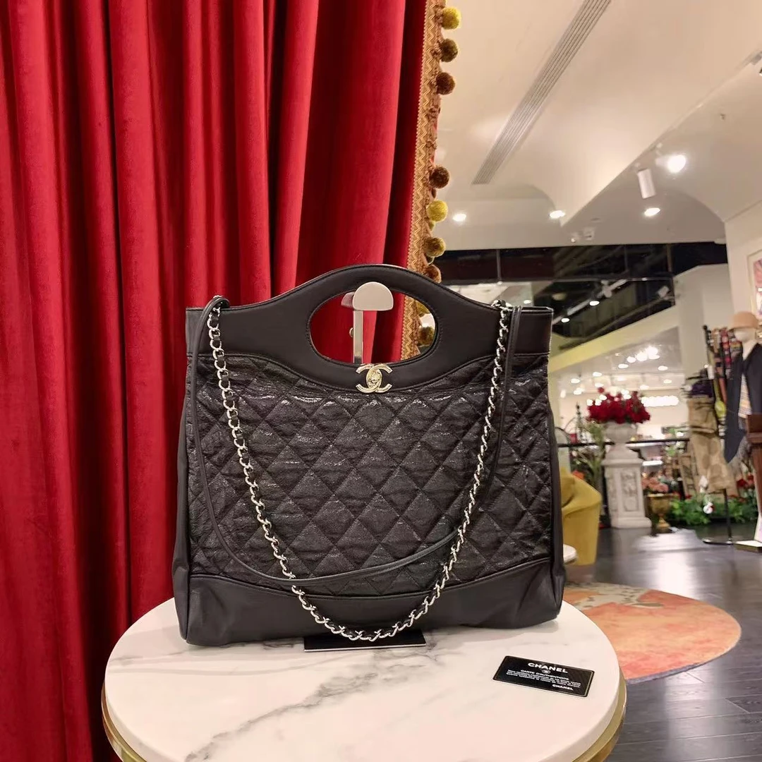 95新 Chanel/香奈儿 31bag中号黑银油蜡牛皮单肩包/14595597