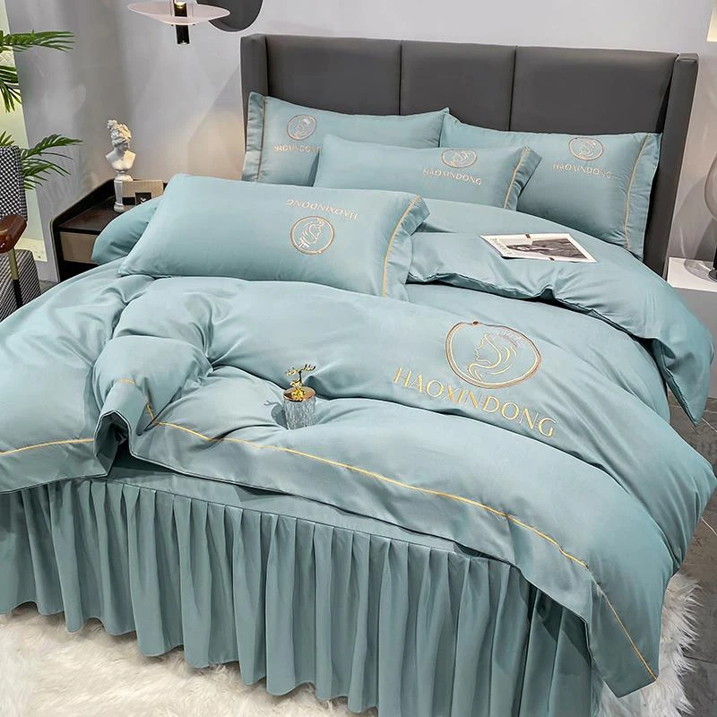 水星官网家纺轻型豪华床裙风格纯棉四件套四季简单风格刺绣刷棉洗