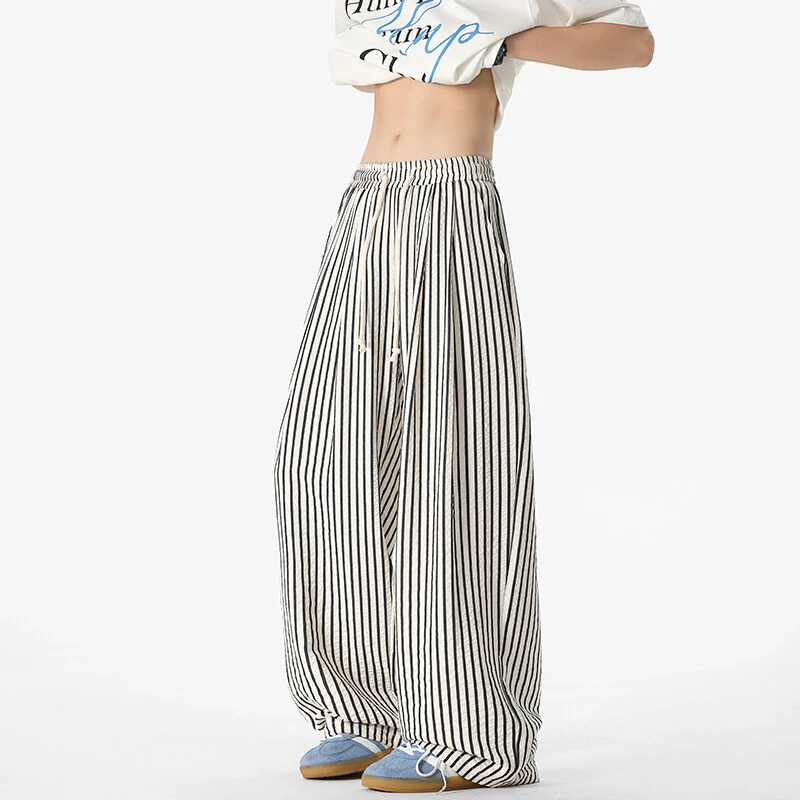 cleanfit慵懒风竖条纹休闲裤男宽松垂坠感阔腿美式潮牌直筒拖地裤