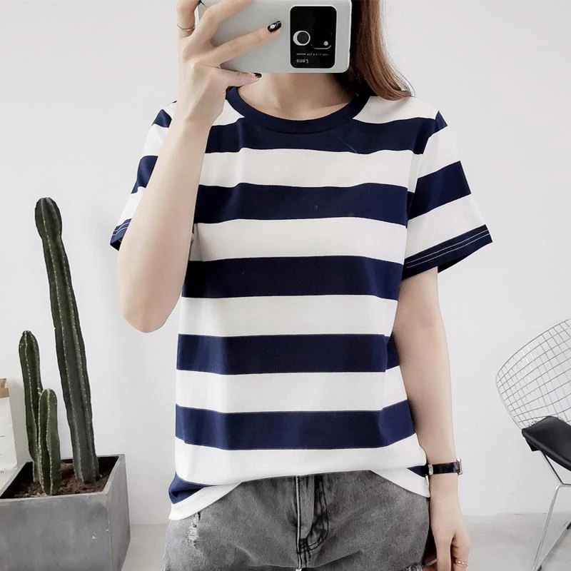 法乐琪蓝白条纹T恤夏季女半袖宽松时尚单穿短袖纯棉美式正肩上衣