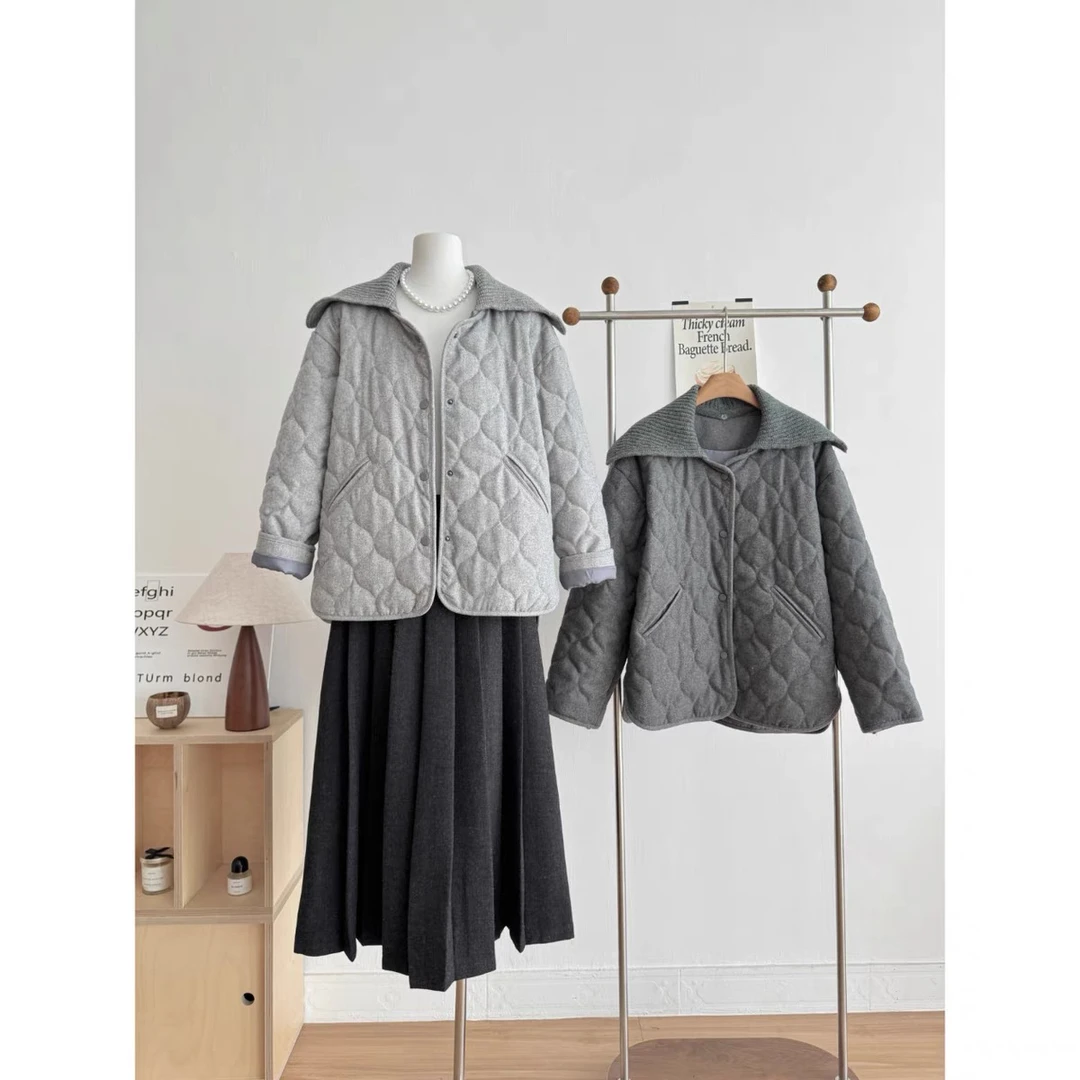 秋冬宽松小众针织翻领单排扣羊毛呢子棉外套女棉衣