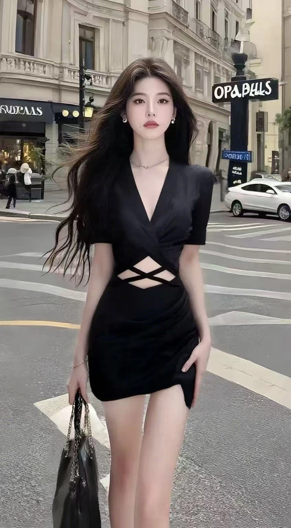 法式温柔纯欲风黑色V领修身短袖收腰镂空设计包臀不规则连衣裙女