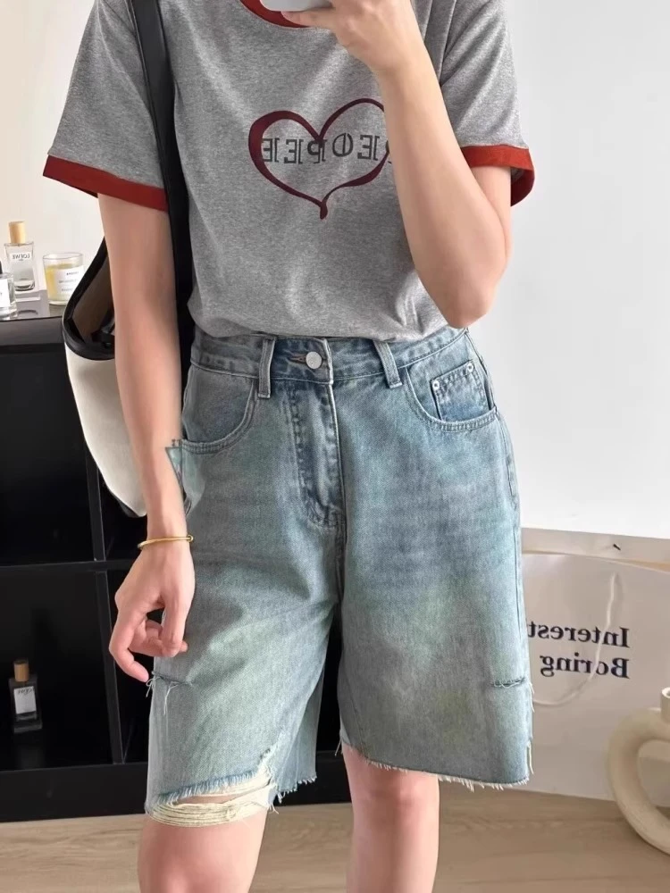 破洞毛边牛仔短裤2025夏季新款大码胖mm宽松设计感直筒五分裤中裤