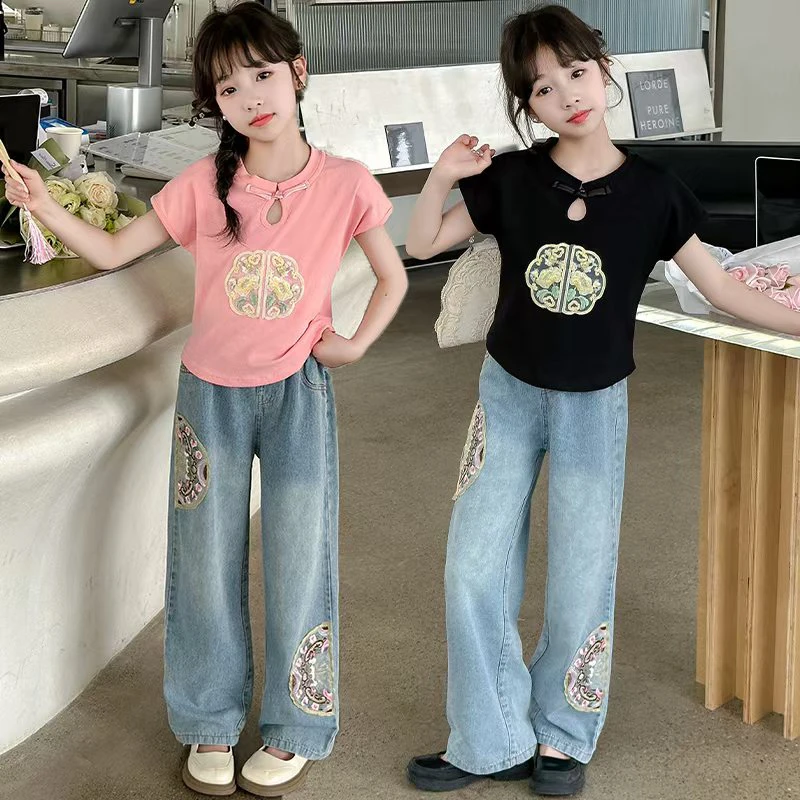 429哈哈家 女童夏季高品质新中式国风休闲短袖裤子两件套套装