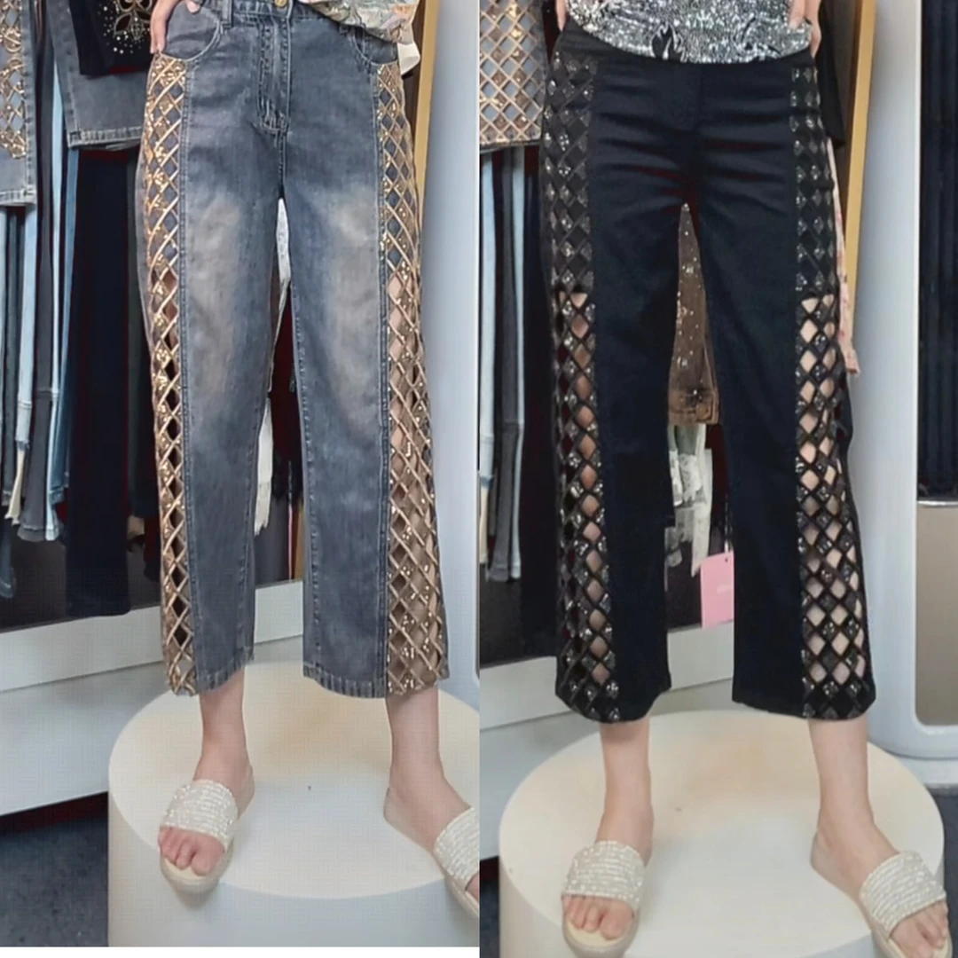 复古高腰牛仔裤女夏季薄款宽松大码八分烫钻菱形镂空刺绣直筒裤