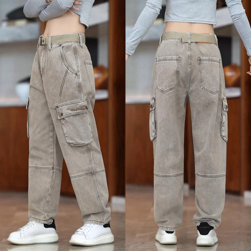 香港牛仔裤男款时尚拼接宽松休闲裤子男士潮流百搭多款口袋工装裤