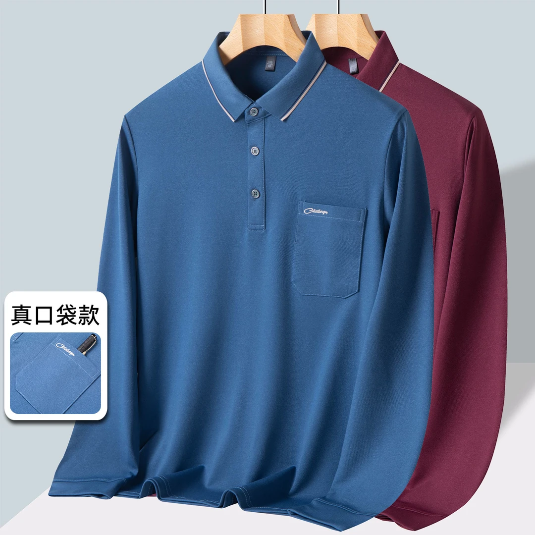 春秋季爸爸装长袖T恤中年男士真口袋POLO衫中老年人爷爷上衣服