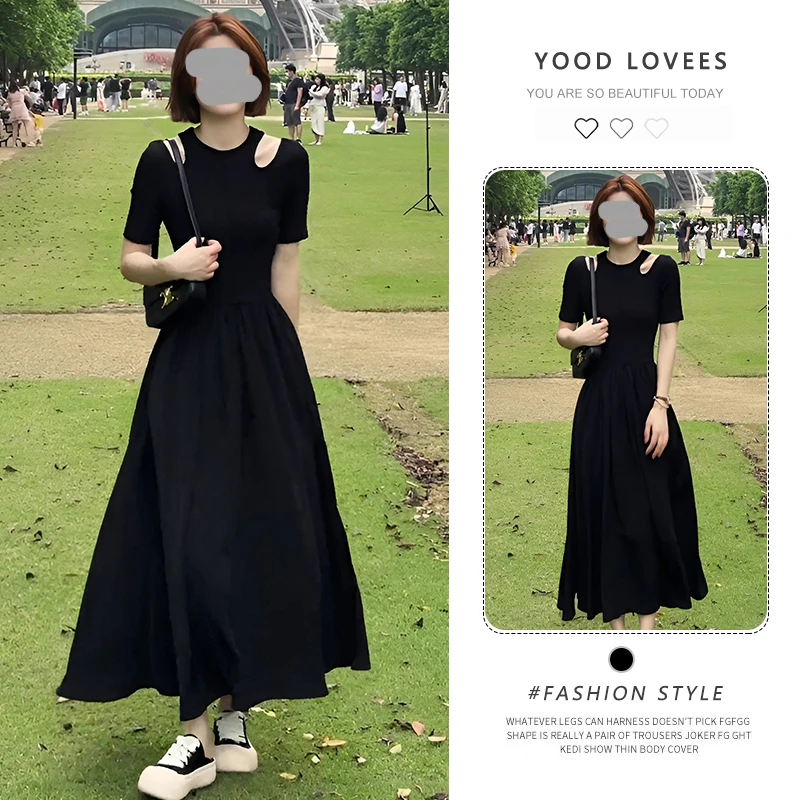 法式开叉连衣裙女夏季2026新款赫本风显瘦露肩度假高级感黑色长裙