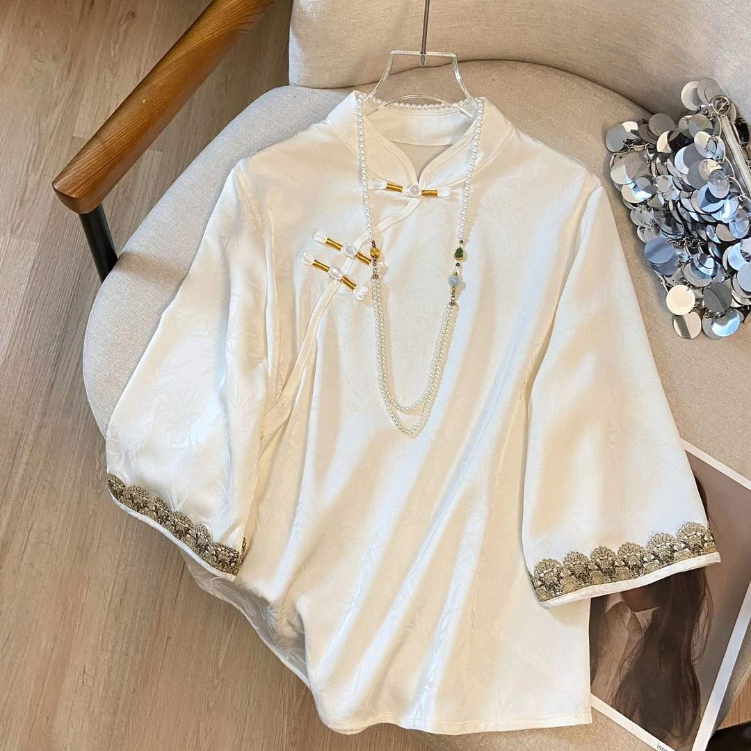 【100%桑蚕丝】中国风提花气质衬衫立领斜襟七分袖重工刺绣古风上衣