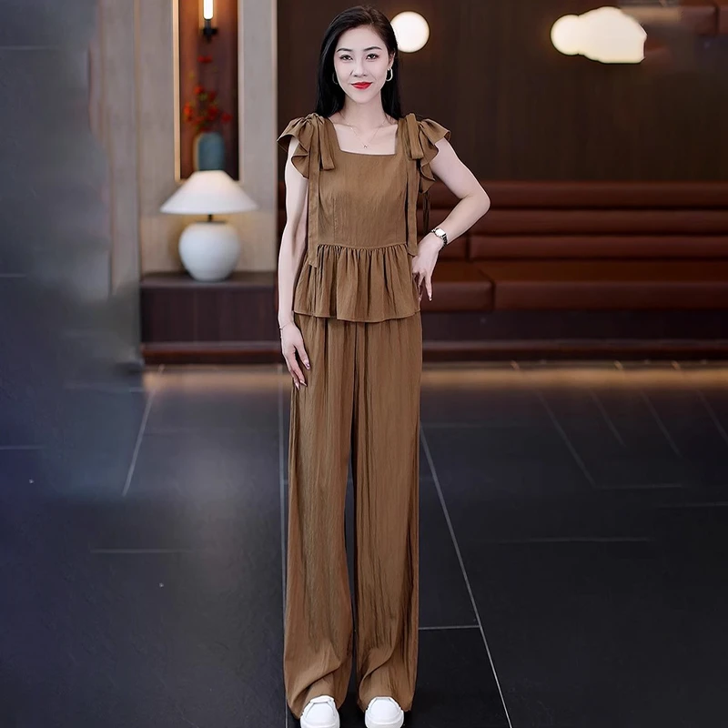 2024夏季新款休闲简约盐系套装女法式小飞袖上衣宽松阔腿裤两件套