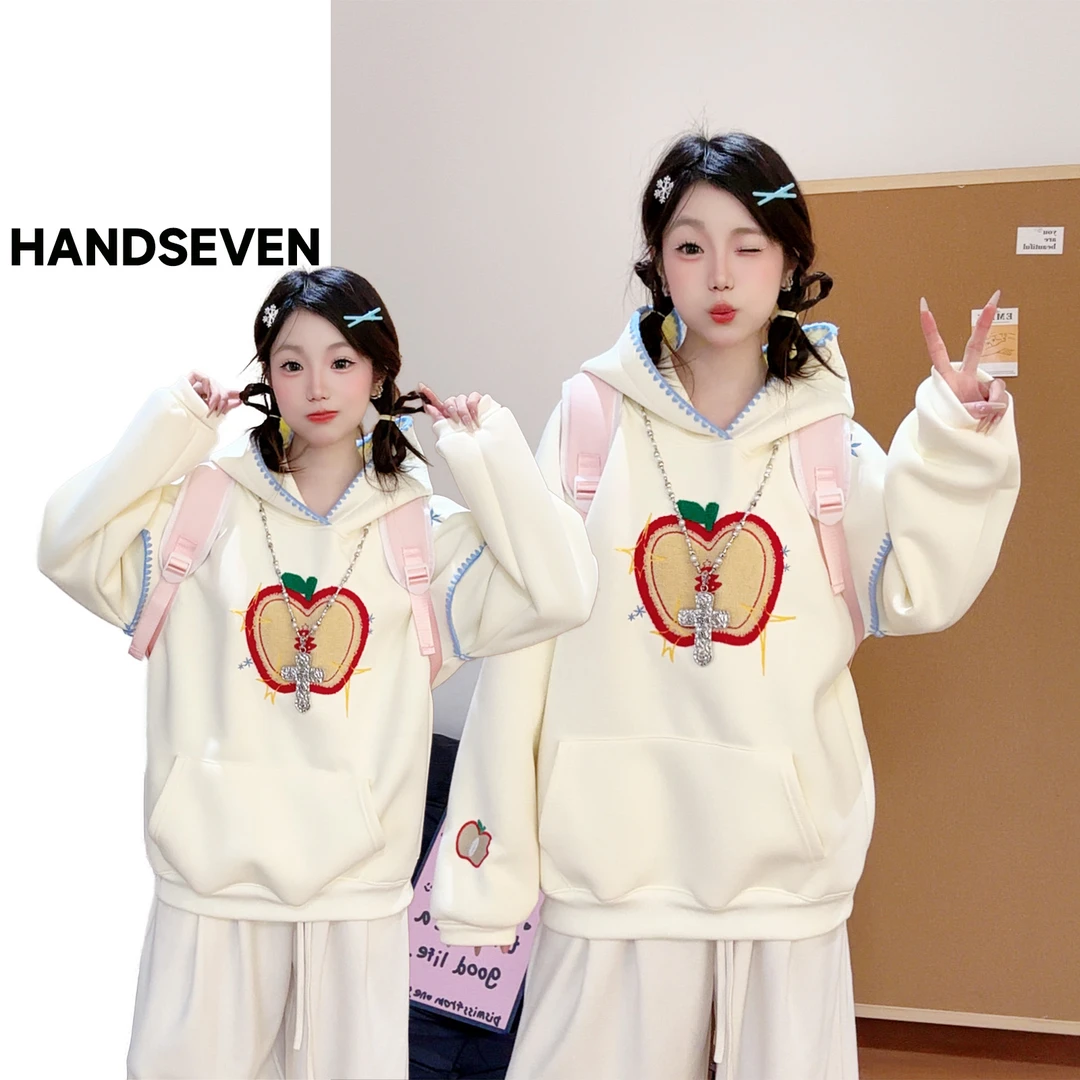 HandSeven秋冬苹果圣诞重磅卫衣加绒贝壳线刺绣连帽卫衣宽松休闲