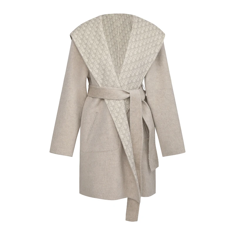 迪奥名莎秋冬中长款羊毛双面呢大衣系带连帽外套