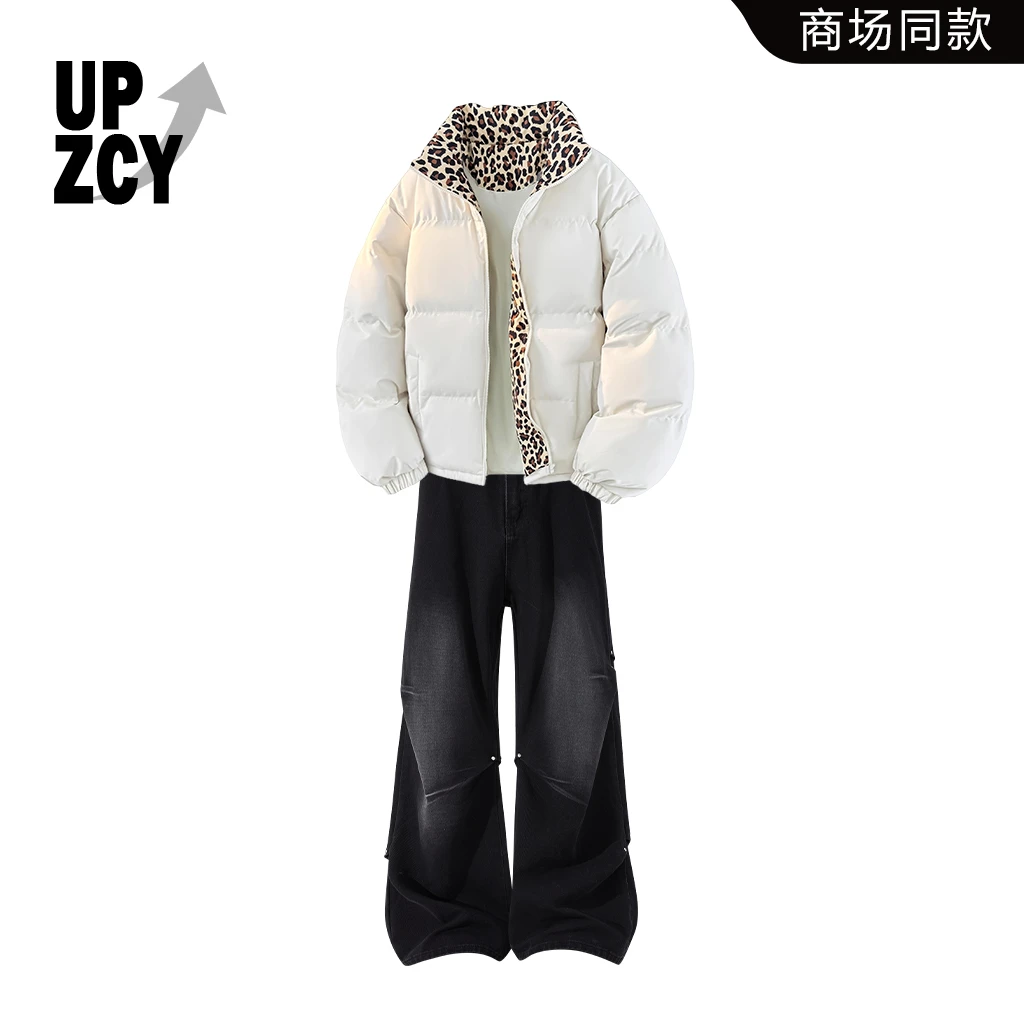 UPZCY美潮休闲复古豹纹棉服套装冬季男士新款面包服牛仔裤套装男