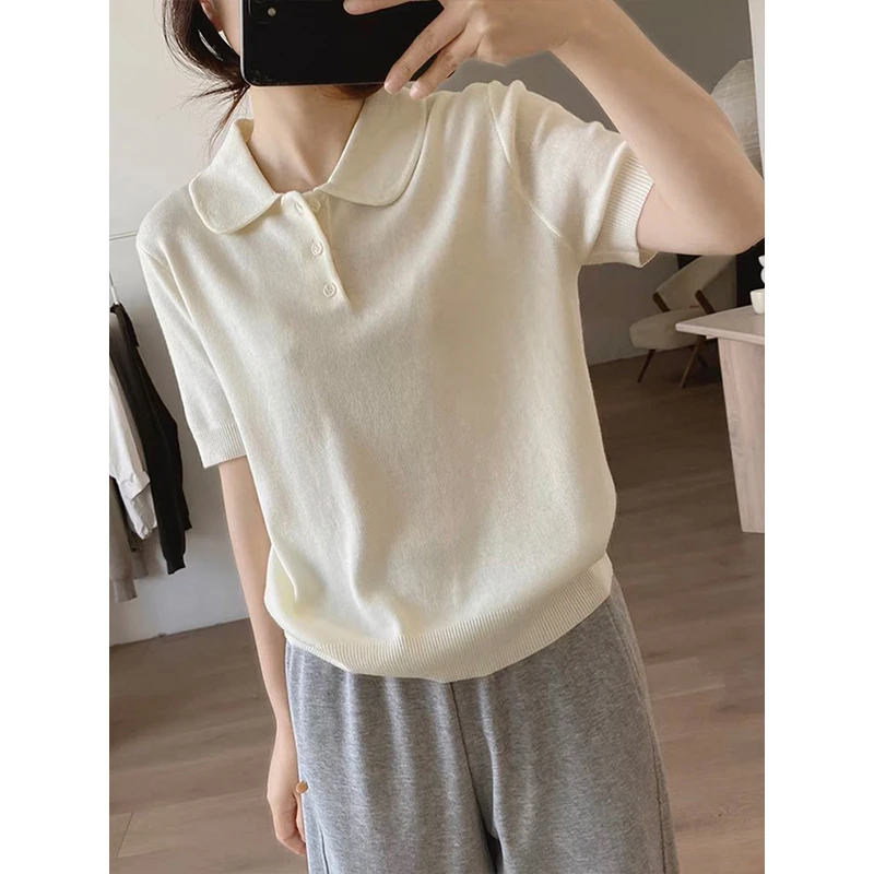 韩系蓝色polo衫短袖正肩T恤女夏季短款修身翻领薄款冰丝针织上衣