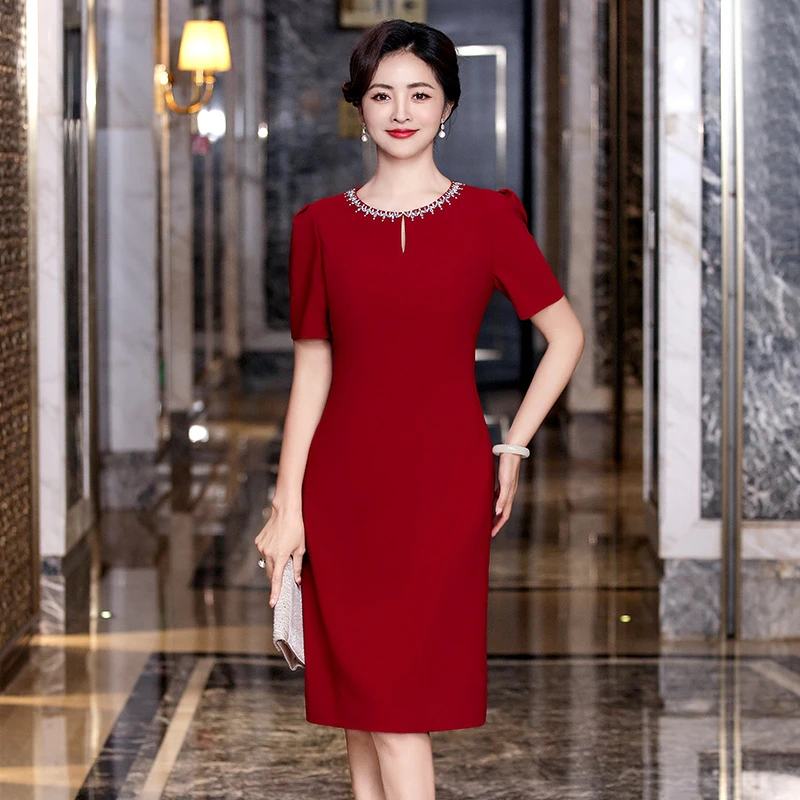 88966新中式显瘦中长裙修身小个子气质中长款旗袍妈妈装婚宴礼服