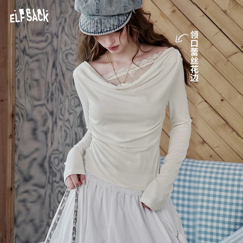 妖精的口袋白色蕾丝拼接长袖t恤25春季新款修身纯欲上衣25105025