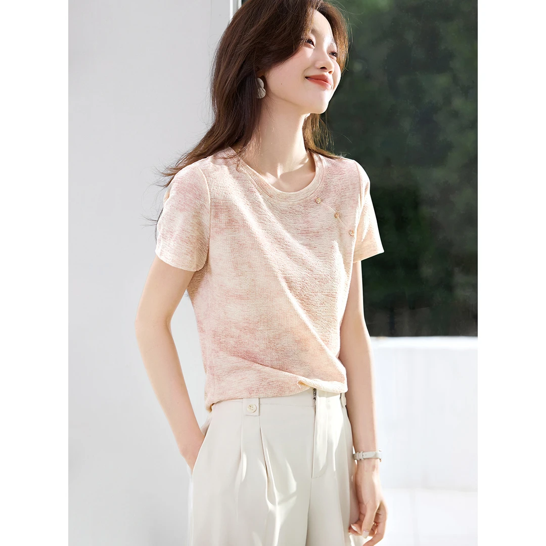 沫晗依美晕染粉彩油画风肌理感T恤女2025夏新款分割设计圆领短袖