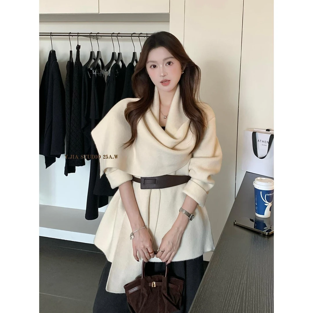 韩系气质松弛氛围感围巾领气质慵懒针织开衫短外套女毛衣女上衣