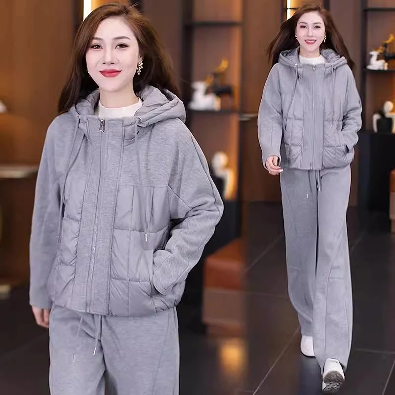 加绒加厚休闲运动套装女冬季保暖连帽棉衣外套阔腿裤两件套爆款潮