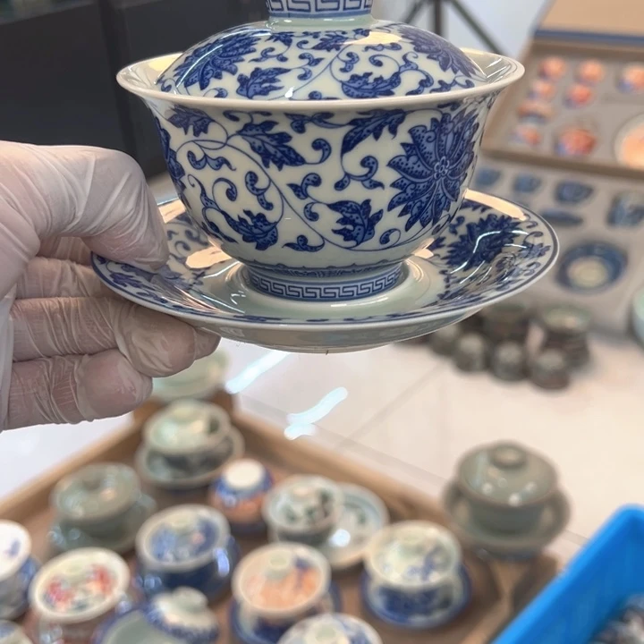 瓷片白青花缠枝莲元宝盖碗全品
