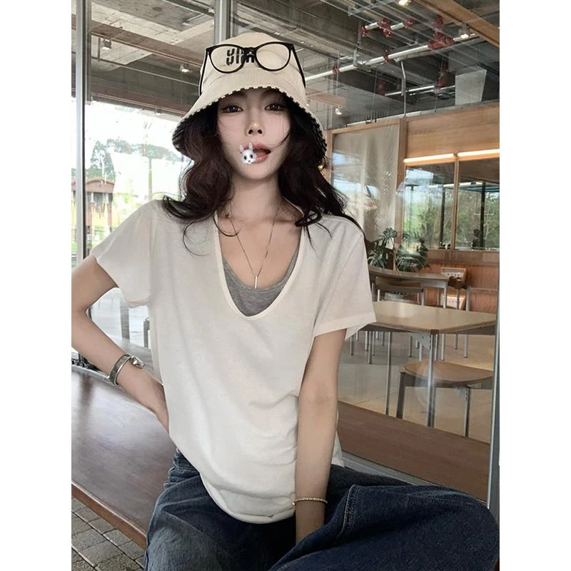 叠穿假两件白色短袖女v领正肩t恤2025夏宽松慵懒半袖体恤通勤上衣