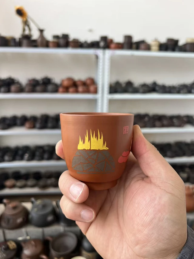 建水紫陶复烧刻填陶瓷小口主人杯茶壶精美红泥茶具