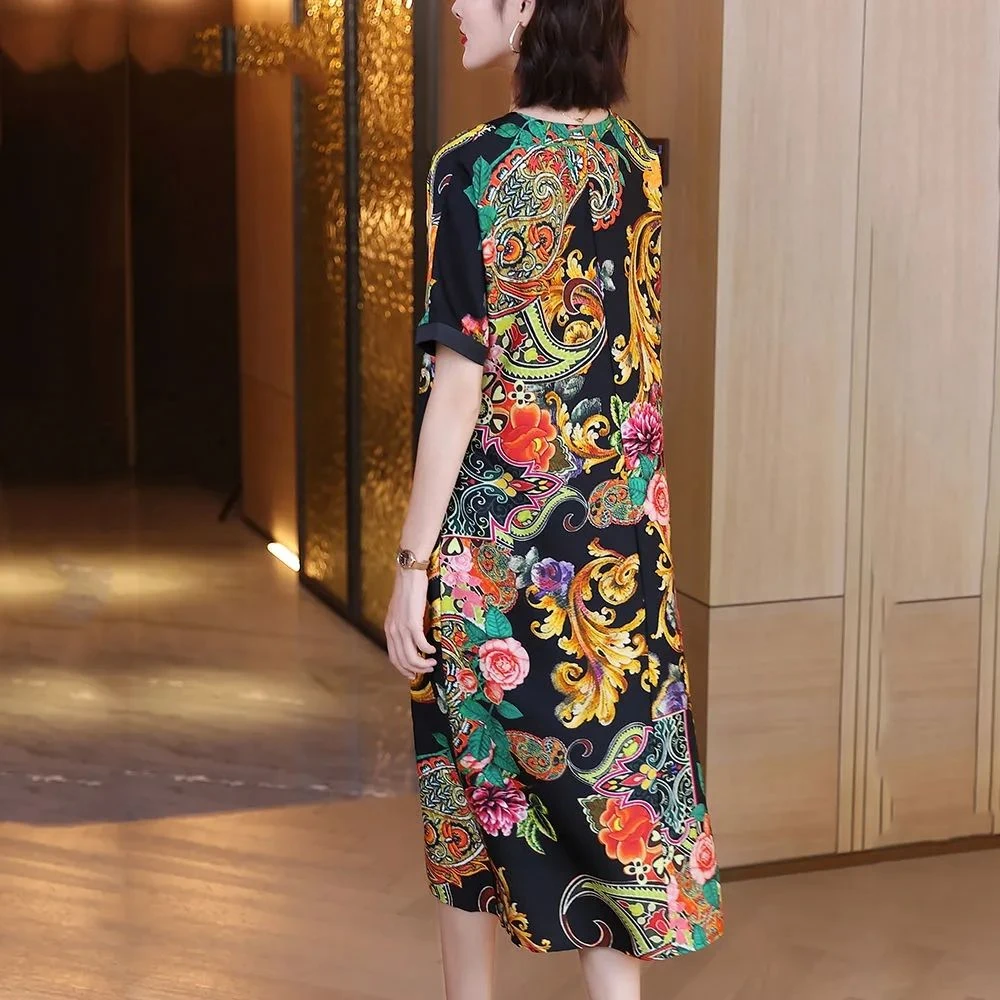 大码显瘦时尚宽松碎花复古夏季过膝遮肚妈妈装连衣裙杭州大牌真丝